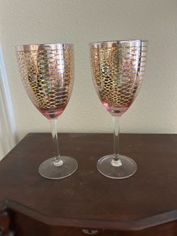Iris Apfel Deli Snakeskin Wine Glasses Goblets Pink/Gold Set Of 2