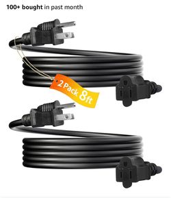2 Pack 8FT Extension Cord 3 Prong 16 Gauge AWG Heavy Duty Power Cord NEMA 5-15P to NEMA 5-15R, ETL Listed, 8 Feet Power Cable, Home Office Indoor and 
