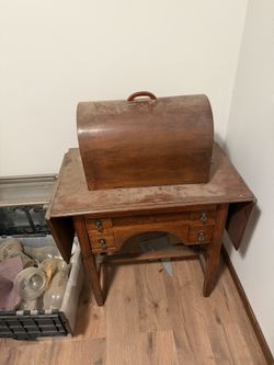 Antique Sewing Machine (Domestic Brand) In Console With All Drawers And Keys