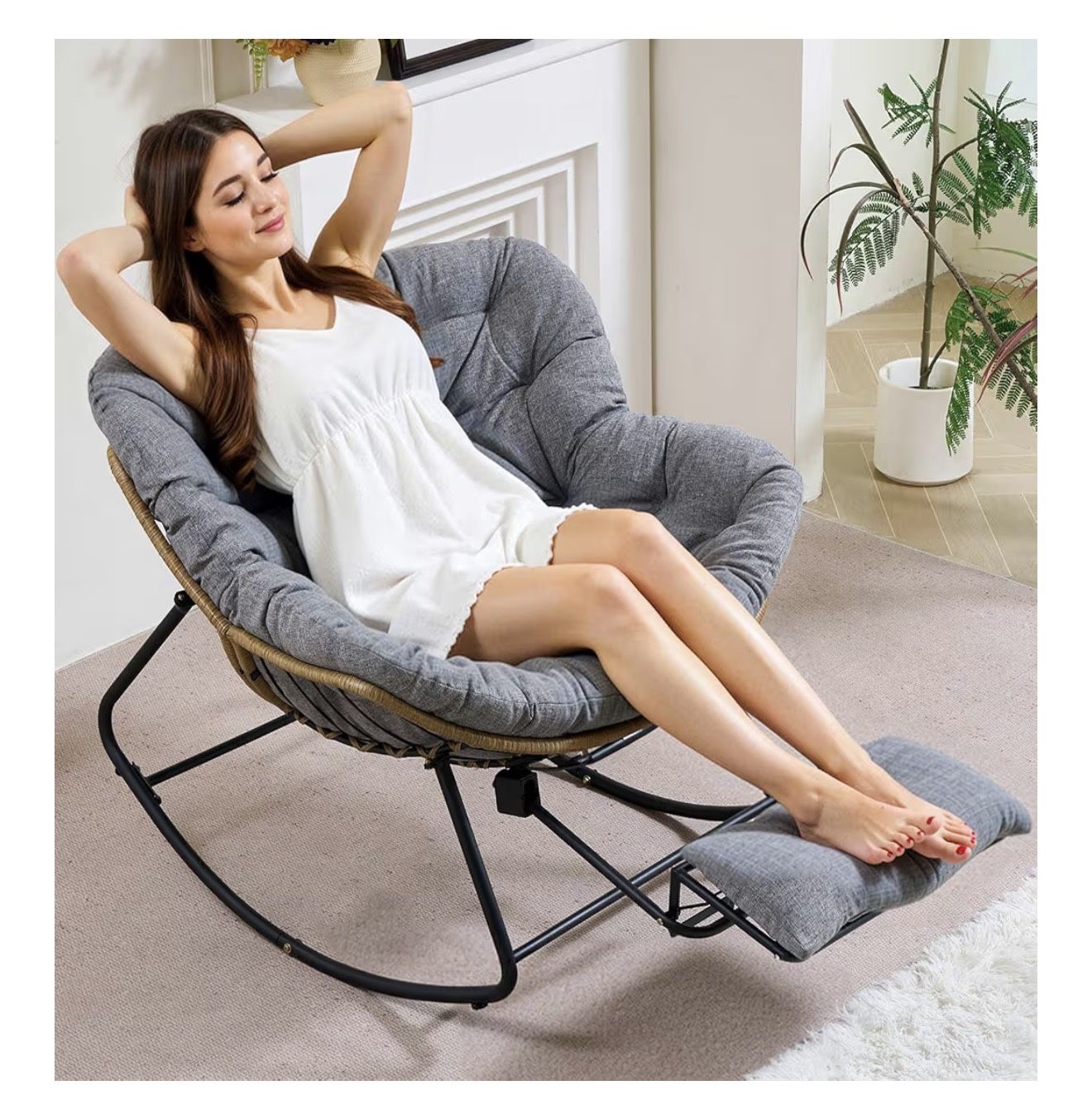 NEW NEW Oversized Rocking Chair with Zero-Gravity Foot Rest & Ottoman, Comfy Lounge Chair for Patio, Por