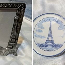 Authentic  PARIS  Pewter and Glass Frame and Paris, France Ceramic Coaster Set