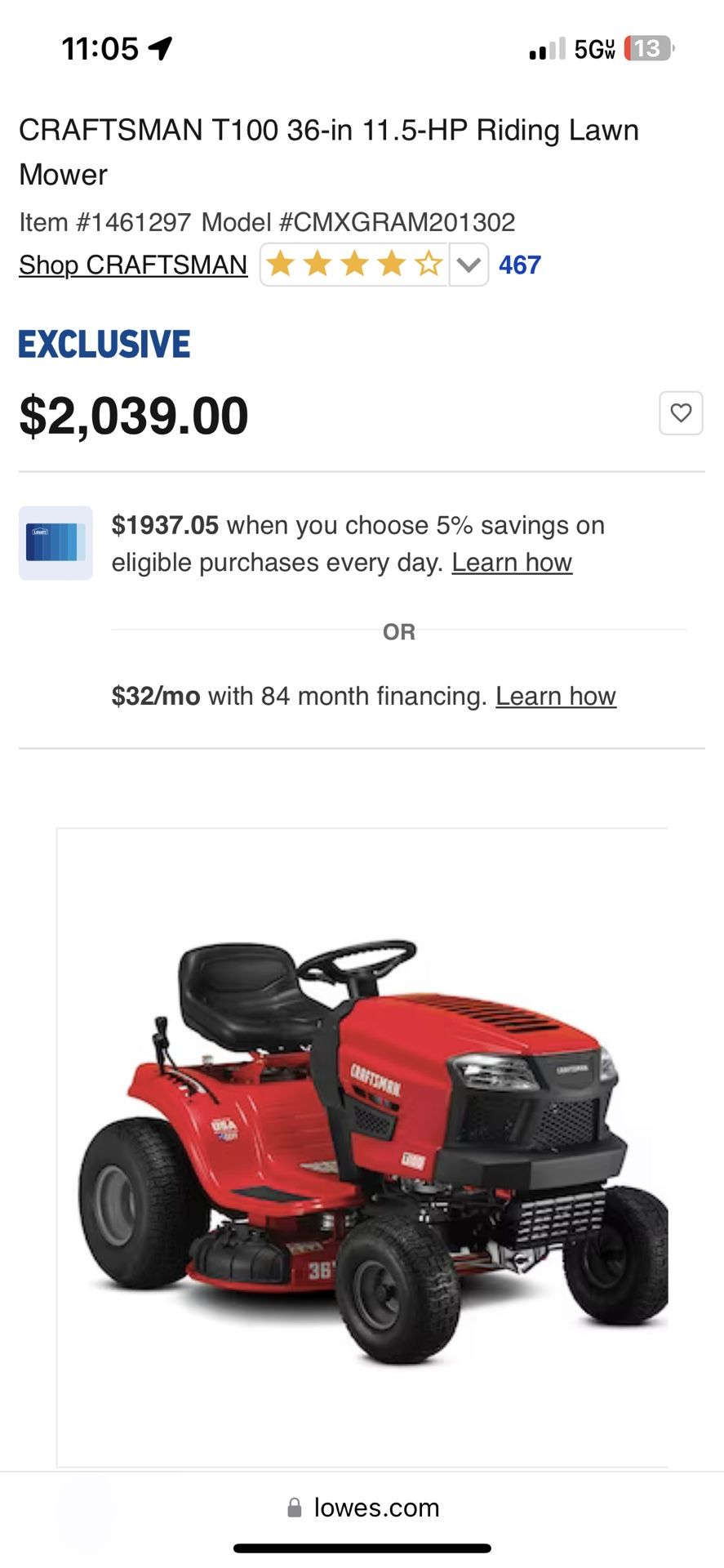CRAFTSMAN T100 36in 11.5HP Riding Lawn Mower for Sale in