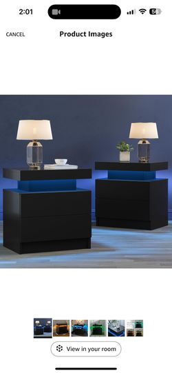 Black Nightstand LED Set of 2 Black Bedside Table LED Night Stand with LED Lights Modern End Side Table with 2 Drawers for Bedroom
