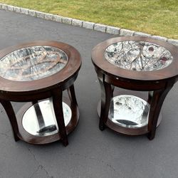 2 - Glass Top and Wood Round End Tables with Mirrored Bottom Shelf  25” Round and 24” High