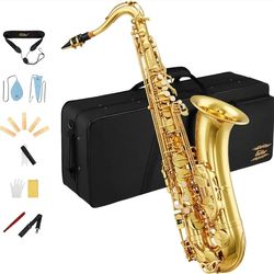 Eastar Tenor Saxophone, B Flat Golden Lacquer Beginner Kit with Cleaning Cloth, Case, Mouthpiece, Neck Strap, Reeds, TS-Ⅱ