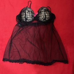 Black sheer intimate nightgown with pink bow padded bra size L