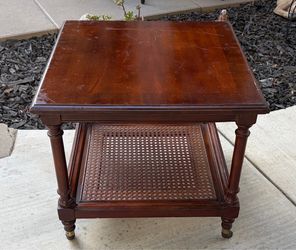 Vintage Wood & Cane 2-Tier Low Accent/Drink Table on Brass Caster Wheels (As Is)