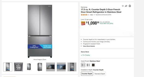 Samsung - 17.5 cu. ft. Counter Depth 3-Door French Door Smart Refrigerator in Stainless Steel - Model:  RF18A5101SG  - MSRP - $1699