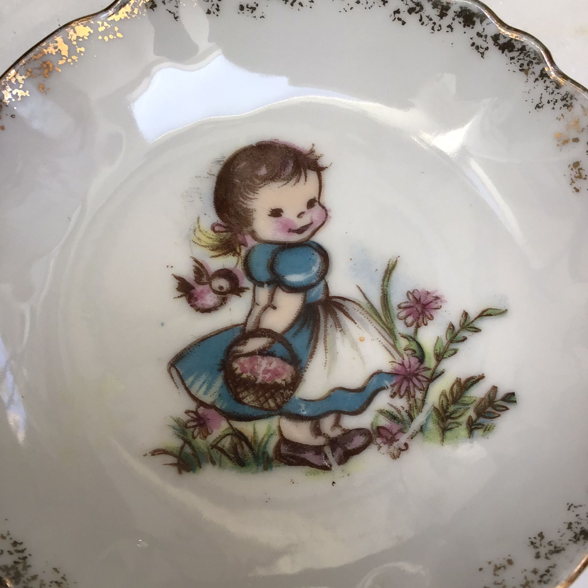Vintage Trinket Dish Tray Prairie Girl With Basket (Japan)