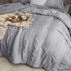 Comforter Sets,7Pieces Bed - Stripes Seersucker Bedding Set With Comforter, Flat Sheet, Fitted Sheet, Pillow Shams, Pillowcases