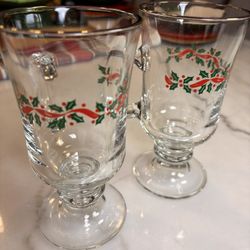 🎄 4 Libbey Irish Coffee Mug - Green & Red Holly - Red Ribbon ❤️💚