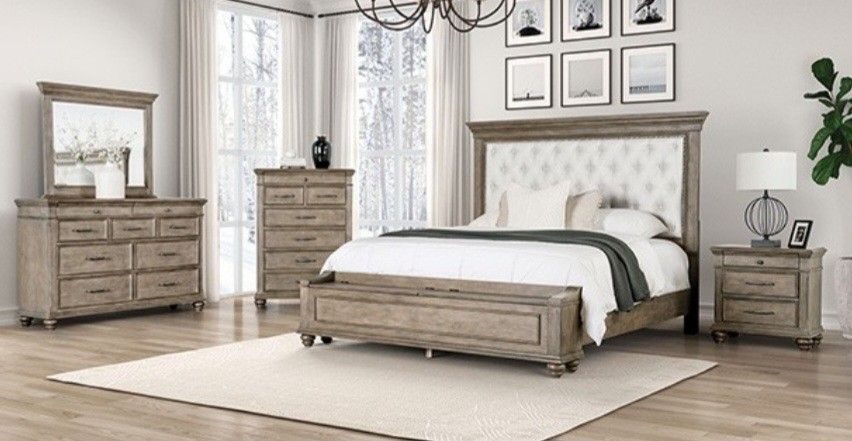 Brand New Aged Oak & Beige 4pc Queen Bedroom Set (Available In Eastern King)