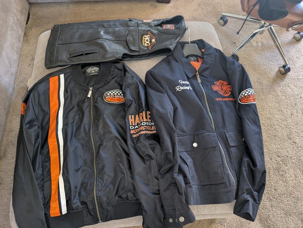 2- Harley Davidson 120th Anniversary Jackets (Size Medium) & Harley Leather Vest (Size Small)