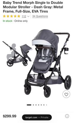Brand New Baby Trend Morph Single to Double Modular Stroller - Dash Gray: Metal Frame, Full-Size, EVA Tires.