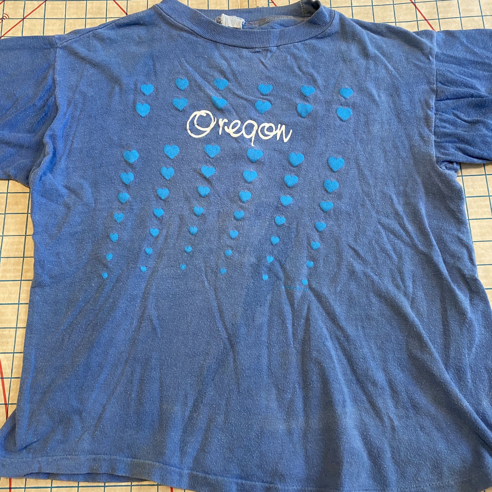Vintage 90’s Oregon Hearts Cropped T-Shirt Blue Single Stitched Size Medium