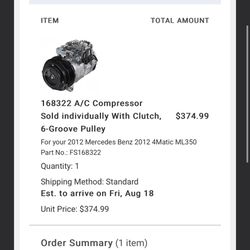 A/C Compressor 168322 Sold individually With Clutch