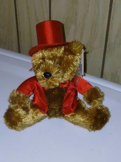Vintage Valentine's red tan plush bear Satin top hat jacket gallery