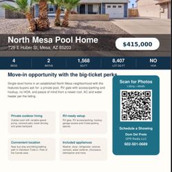 House For Sale private pool, RV gate with access/parking and hookup, no HOA