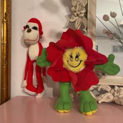 Vintage Monkey Flower Stuffed Animals Plush Toys. Set of 2. Ht: 9” & 11” Tall