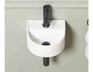 (606060-10) Wall Hung Bathroom Vessel Sink, QISHKA 12.5" X 11.5" Semi-Oval Floating Ceramic Wash Hand Basin White Wall Mount Vanity Sink for Small Bat