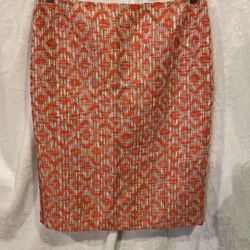 Lafayette 148 NY Orange White Fragmented Tweed Leather Trim Pencil Skirt