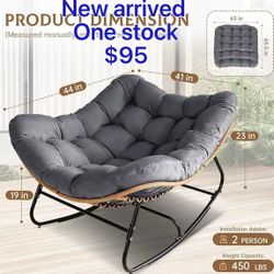 😀 Oversized Wicker Rocking Chair Indoor Outdoor, 450 LBS Heavy Duty Patio Papasan Egg Chair with Cushion, E-Coated Frame Lounge Rocker for Garden Por