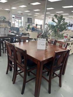 SOLID WOOD DINNING SET6 CH  LENGHT CAN BE EASILY ELONGATED OR MINIMIZED W 18” BUTTERFLY LEAF