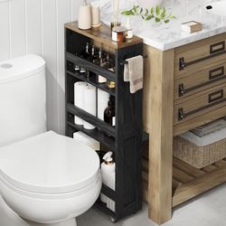 4-Tier Slide-Out Storage Cart, Slim Kitchen Cart for Small Spaces, with Wheels, Handle, Bathroom, Laundry Room, 5.9 x 17 x 34.1 Inches, Ebony Black an