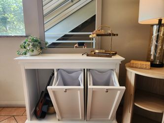 White Console Table with Discreet Tilt-Out Hamper