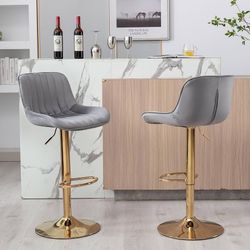 Fashionable Adjustable Swivel Bar Chairs Set of 2, Velvet Barstools with Gold Base and Footrest, The Best Choice for Living Room, Kitchen, Office Spac