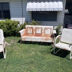 Vintage Outdoor Metal Porch Glider and 2 Chairs 