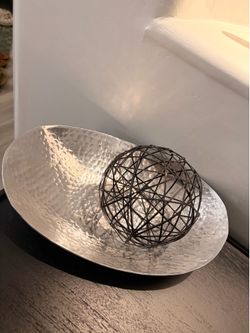 Modern Silver Hammered Decorative Bowl with Metal Sphere Accent