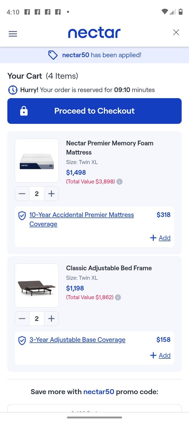 Premium Nectar XL DBL Twins California King Memory Foam
