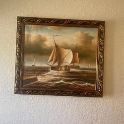 Vintage Cutter Ship Oil Painting On Canvas 