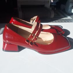 Ruby Red Mary Jane Flats With Small Heel