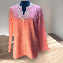 Lands End Linen Tunic Top Swim Cover Coral Orange Beading In Floral Pattern SM