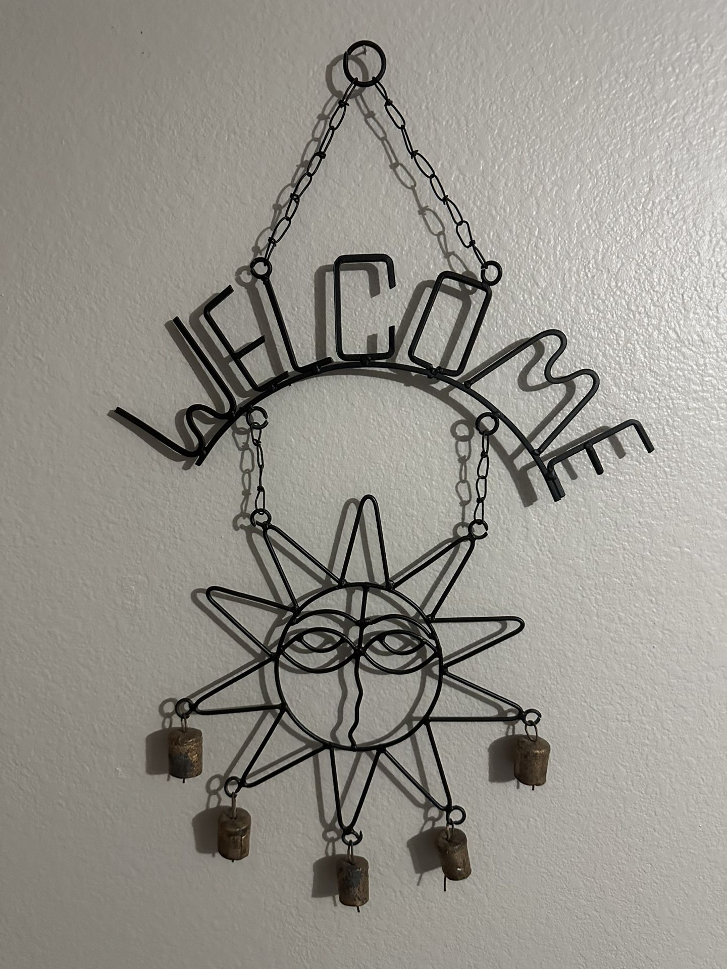 Handcrafted Metal Sun Welcome Sign Wind Chime with Cowbells