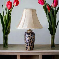 Vintage Ceramic Lamp With Blue and Gold Scroll Design