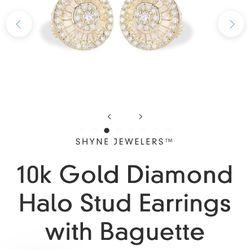 10k Gold Natural VS Diamond Halo Stud Earrings with Baguette Diamonds