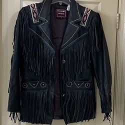 WESTERN WORLD Black Genuine Leather Riding Jacket by SHAF - Medium fringe beaded