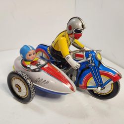 Vintage 50's Motorcycle w/Sidecar & Key Tin Wind Up Toy WORKS GSH 605 Retro