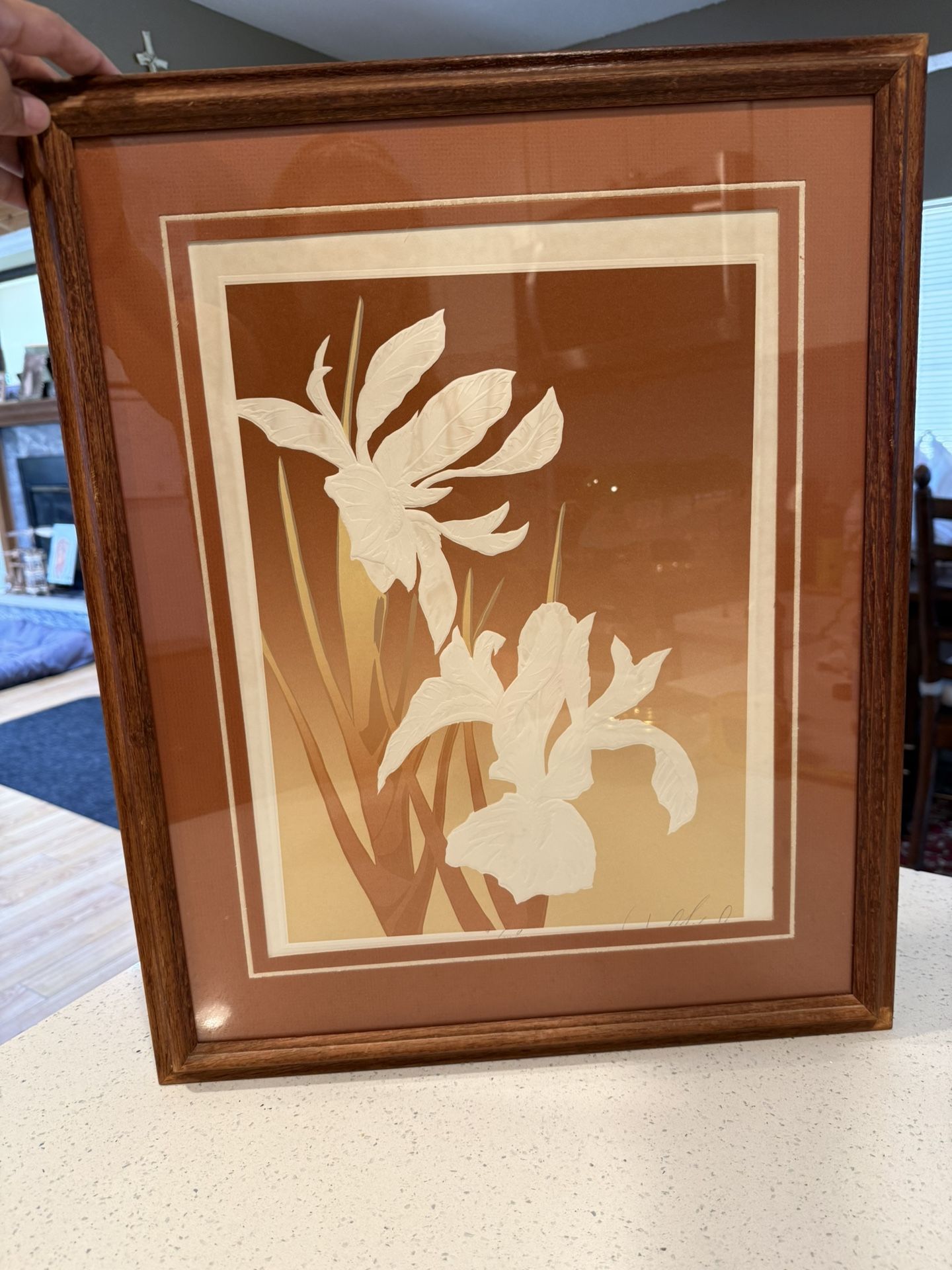 Vintage Paul Allgood Signed Embossed Serigraph Floral Art Solid Oak Frame 1983