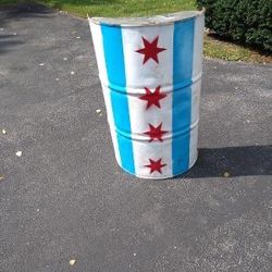 Authentic Steel Half Barrel With Chicago Flag Design Stand Table Ledge