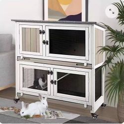 36″LRabbit Hutch Wooden 2 Story,Guinea Pig Pet House for Small to Medium Animals,Grey