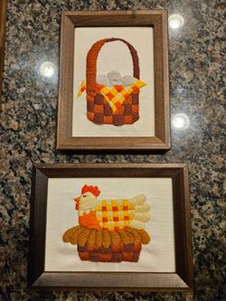 Set of 2 Vintage Framed Crewel Embroidery Chicken and Eggs Farmhouse