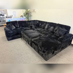 Black Jumbo corduroy U-Shaped Pull Out Sectional Sofa w/ Storage Chaise + Pillows