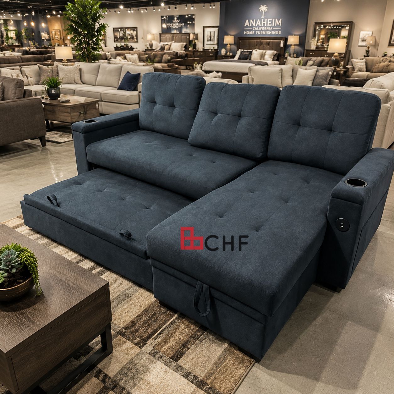 Modern Sleeper Sectional Sofa with Storage Chaise, Storage Arm, Cup Holder,