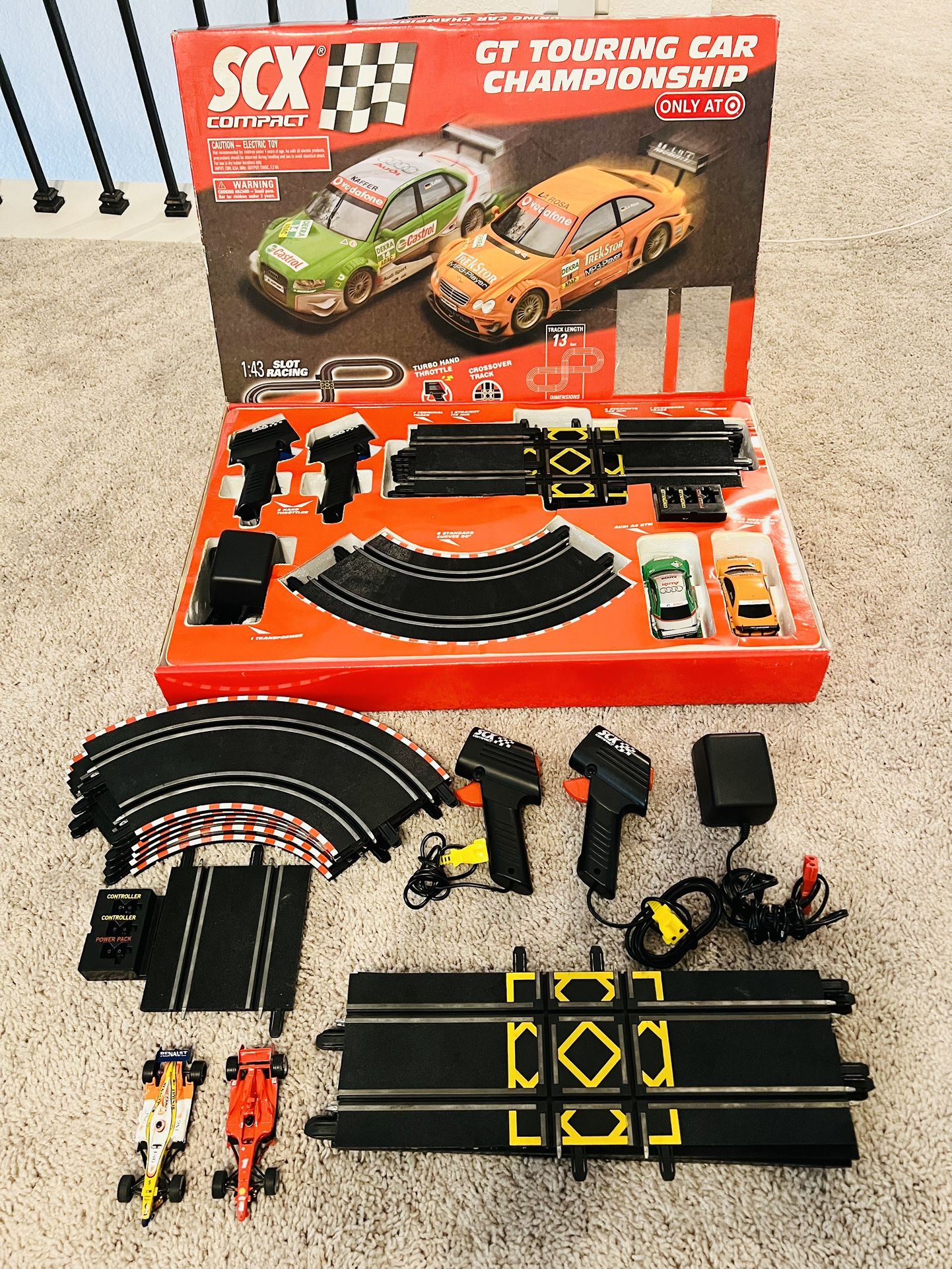 SCX Compact 1:43 Slot Car Racing Set EUC Comlpete Ready To Use GT Touring Championship With Additional Tracks, Cars, Controllers and Tranformer