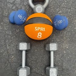 DUMBBELLS 8s =$20 /  & \ 15s = $50 /KETTLEBELL : 10lb   = $15  / & MEDICINE BALL  8lb.= $15  **** Will Sell Separately