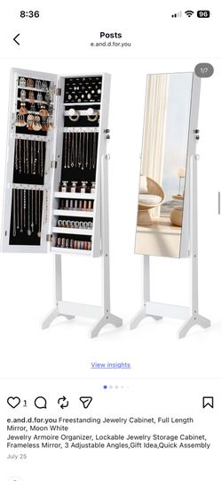 Freestanding Jewelry Cabinet, Full Length Mirror, Moon White Jewelry Armoire Organizer, Lockable Jewelry Storage Cabinet, Frameless Mirror, 3 Adjustab